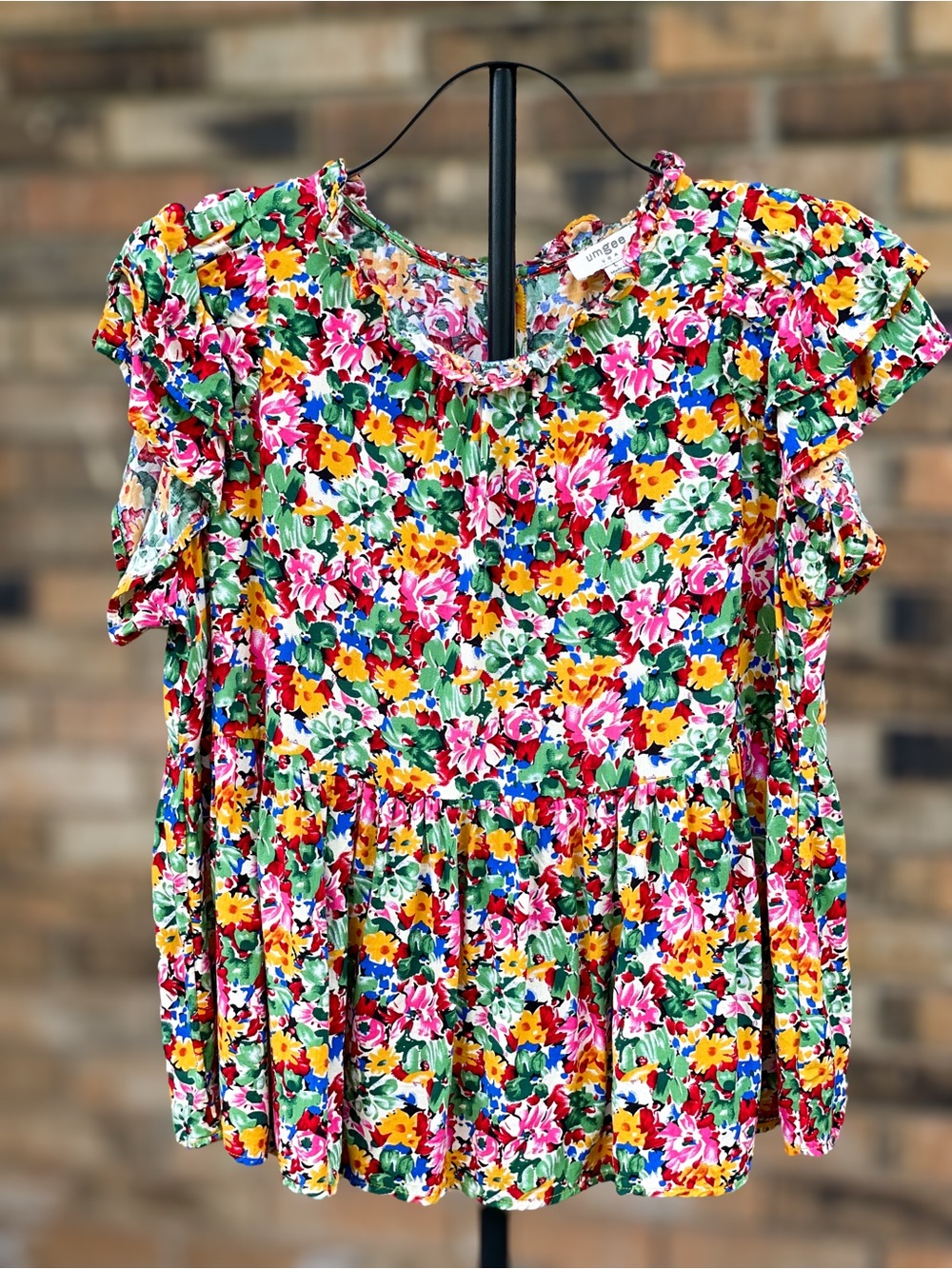 Umgee Multicolor Floral Ruffle Sleeve Babydoll Top Large